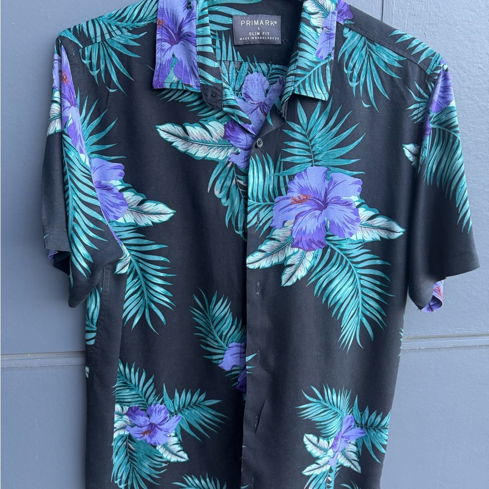 Primark Men's Black Shirt with Blue and Purple Floral Design